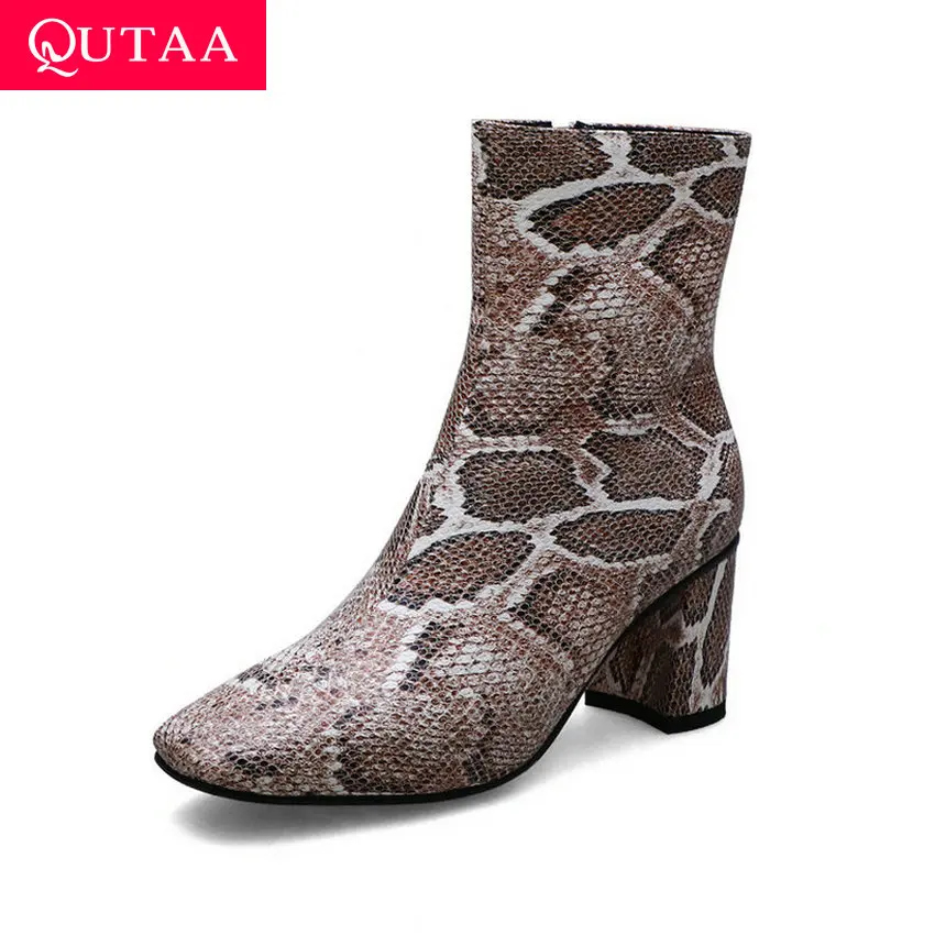 

QUTAA 2020 Serpentine PU Leather Fashion Square Heel Women Boots Retro Square Toe Zipper Autumn Winter Short Boots Size 34-43