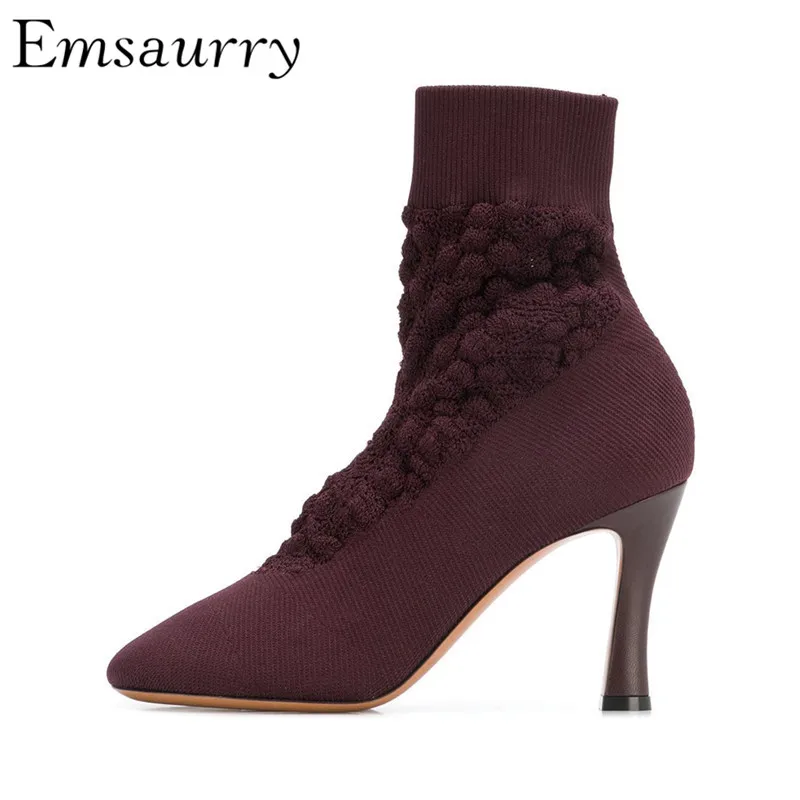 

Top Quality Wool Knitted Sock Booties Thin High Heels Round Toe Slim Stretch Knitting Winter Ankle Boots Women