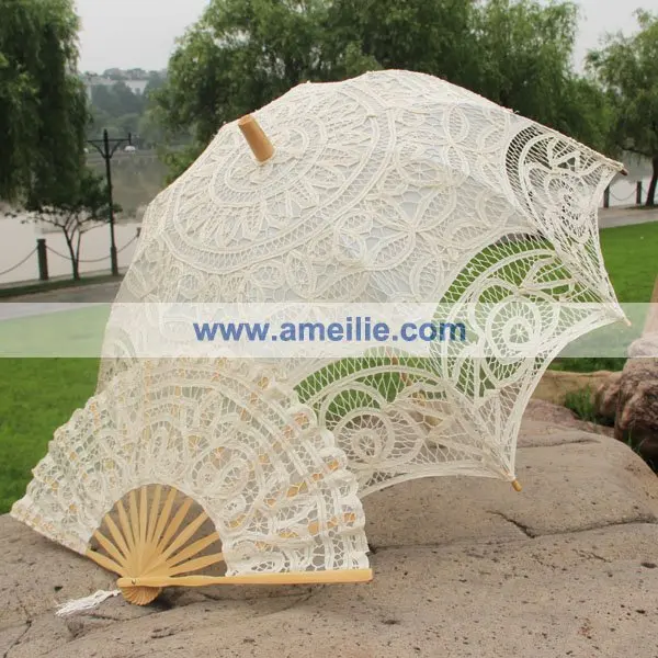 Bridal Umbrella And Lace Fan Lace Parasol Wedding Set In Bridal