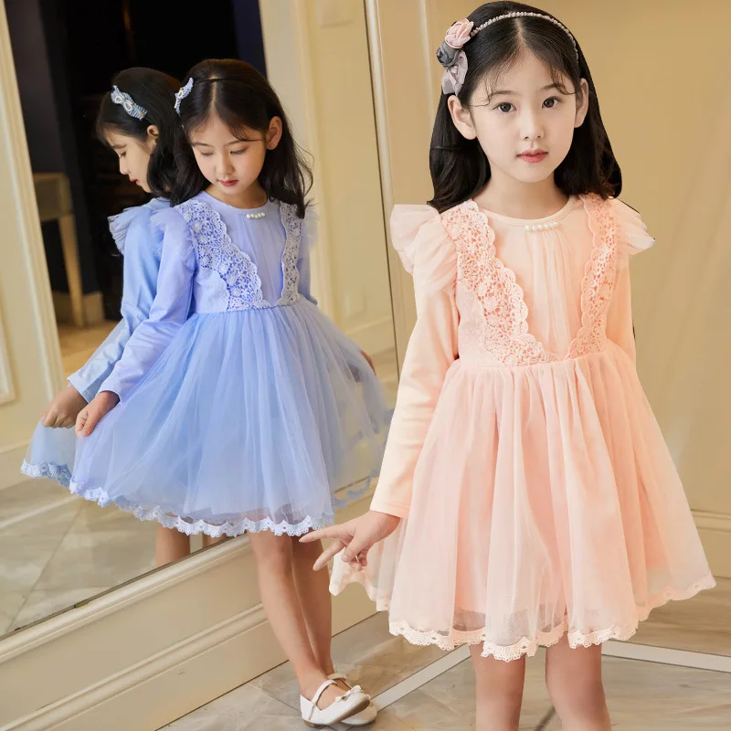 

Girls Dresses 2018 New European And American Style Spring Pattern Solid Long Sleeves Blue Girl Dresses For 4-16 Year Ds580