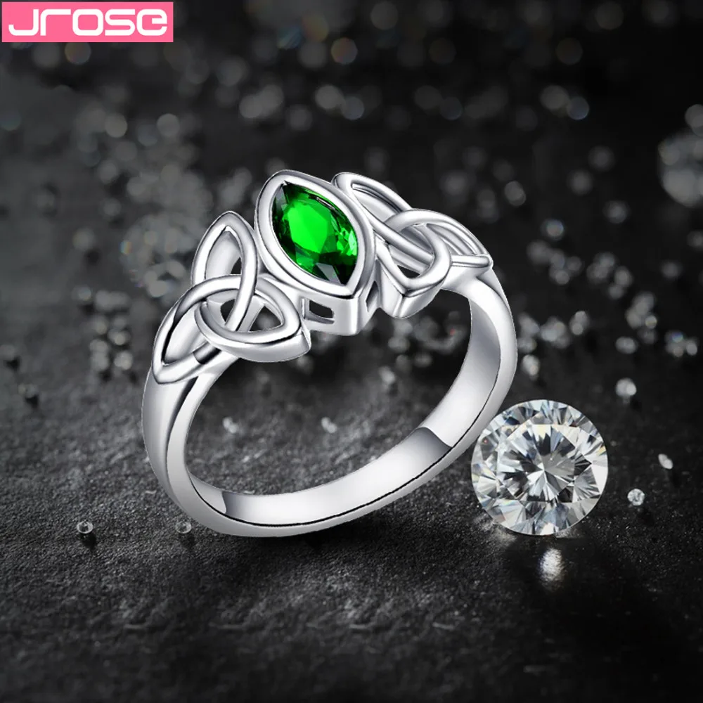 JROSE Engagement Party Green Cubic Zircon Celtic Knot Jewelry White Gold Color Ring Size 6 7 8 9 10 Anniversary Gifts For Lovers