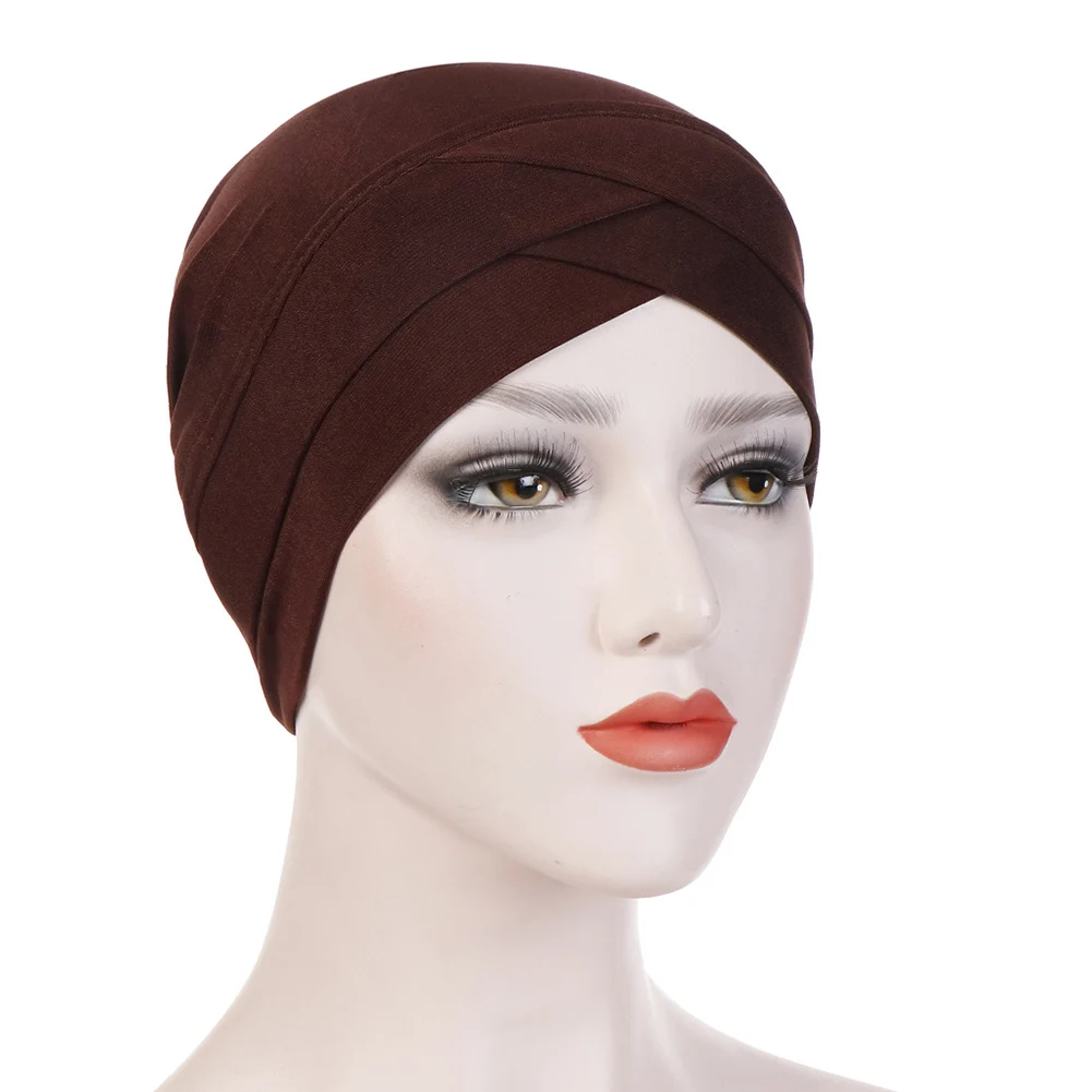 Женская элегантная эластичная шляпа тюрбан налобный крест индийская шляпа Головной убор химиотерапия шляпа однотонная цветная бандана мусульманский шарф хиджаб Кепка