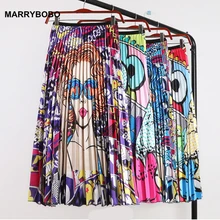 Летние Мультяшные плиссированные юбки с принтом повседневные с высокой талией эластичные миди юбки женские трапециевидные длинные юбки для женщин Rok