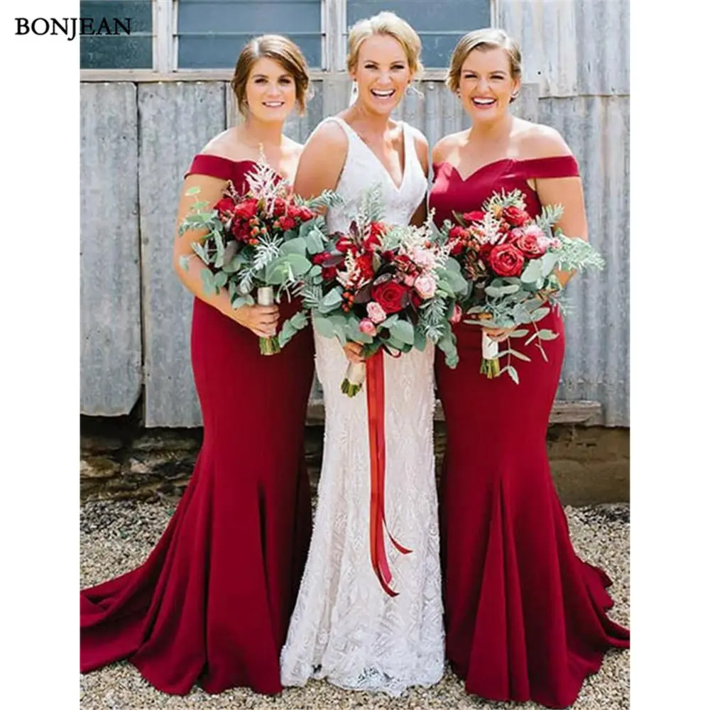 

Simple Long Mermaid Red Bridesmaids Dresses 2019 New Off The Shoulder Floor Length Sweep Train Bridesmaid Dress Prom Party Gown