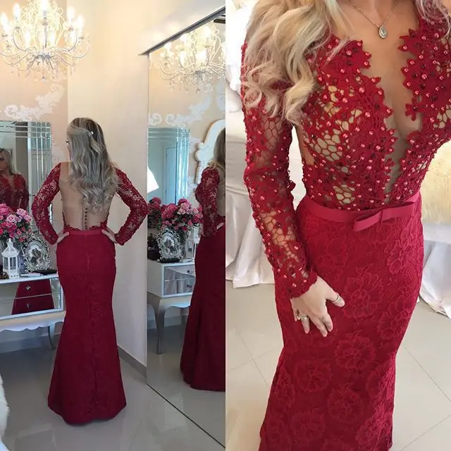 Vestido de festa longo Red Lace Mermaid Evening Dresses Long Sleeve ...