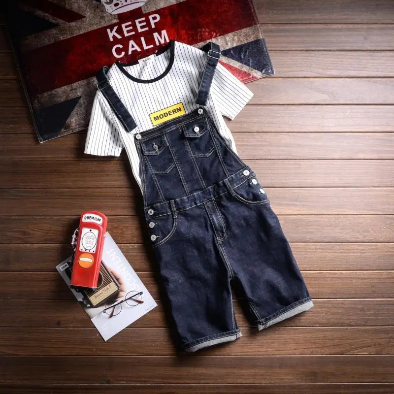 Men's Summer Denim Short Overalls Casual Slim Korean Japan Style Homme Jumpsuits Short Pants Man Bib Overalls Short Jeans Black