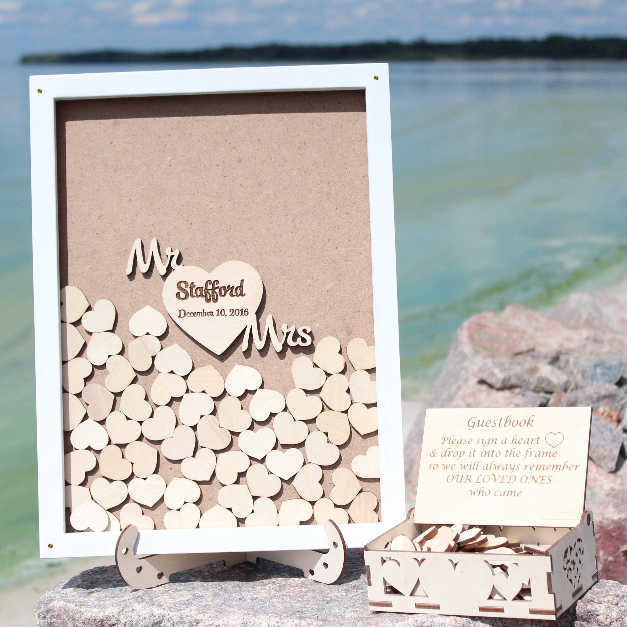 

Wooden Wedding Classic White Guest Book, Elegant Drop Box with hearts,Mr&Mrs Guest Book Alternative, wedding Guest Book.