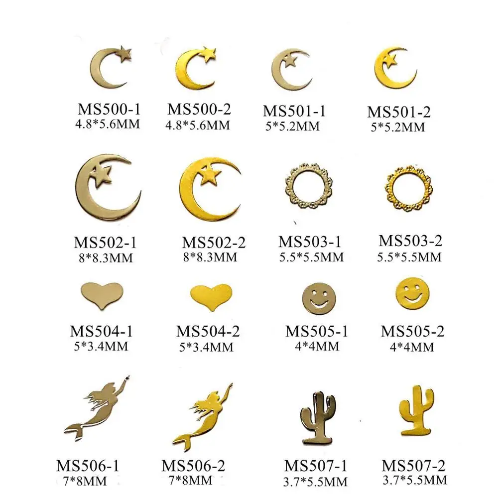 

Approx. 1000pcs/bag Silver/Gold Moon-Star Heart Mermaid non-adhesive Soft Metal Sticker Nail Art Deco m35