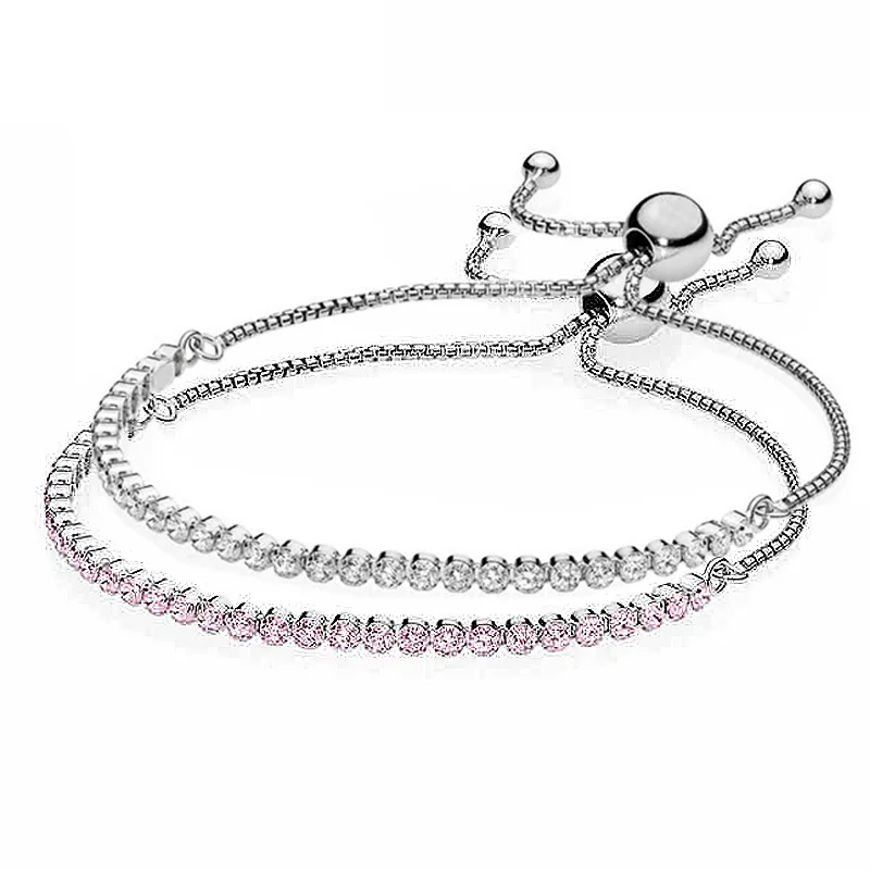 

Pink & Clear Sparkling Strand sliding Clasp Bracelet Fit Pandora Snake Chain Bracelet Bangle 925 Sterling Silver Bead Charms