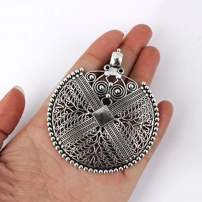 3pcs Large Antique Silver Large Hollow Filigree Round Charms Pendants