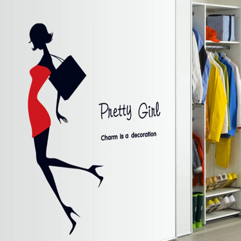 fashion Modern Beauty women Red Dress Black Bag home decor wall sticker Pretty Girl room