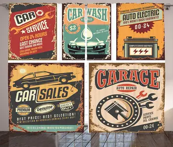 

Vintage Decor Curtains Nostalgic Art Auto Service Garage Funk Style Highway Logo Repair Road Grunge Decor Living Room Bedroom