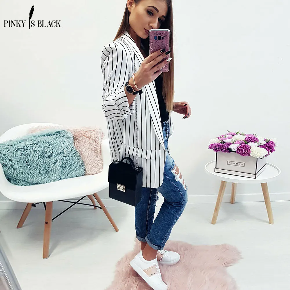 PinkyIsBlack Spring Female Blazer Jacket Black White Striped Casual Suit Long Sleeve Women Jacket Blazer Autumn Cardigan Femme