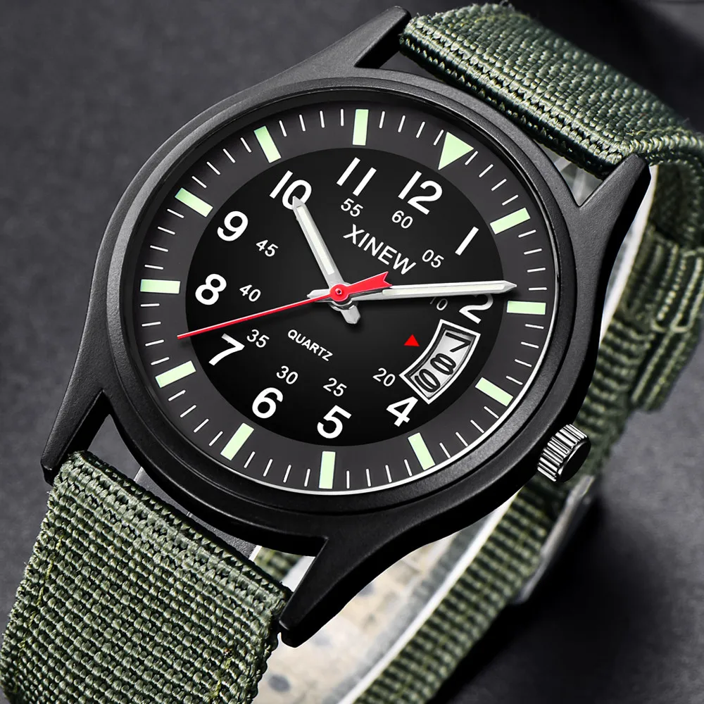 Мужские часы от бренда XINEW с круглым циферблатом и нейлоновым ремешком, мужские военные кварцевые наручные часы с датой, подарок, мужские часы#0307