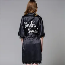 Women Silk Satin Wedding Bride Robe Luxury Black Bathrobe Kimono Robe Sexy Lace Trim Night Robe Bath Robe Fashion Dressing Gown lace cuff self tie satin robe