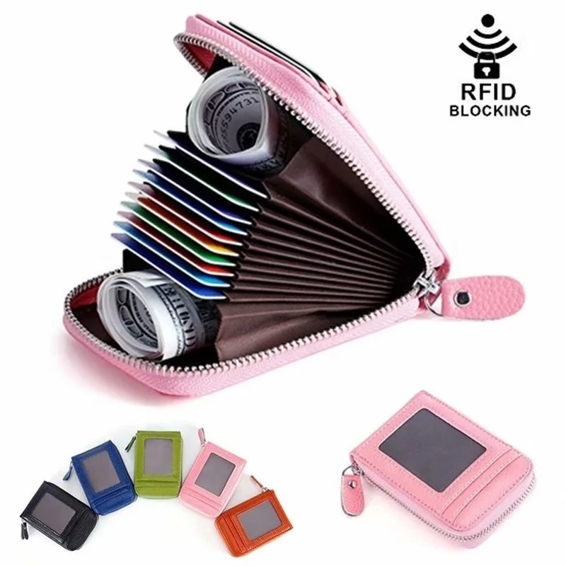 

Genuine Leather Holder Zipper Credit Card Wallet RFID Credit Card Wallet with ID Card Window