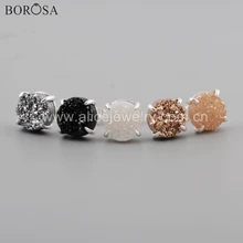 BOROSA 5 пар 10 мм круглый серебряный коготь титан радуга натуральный кулон agates Druzy серьги гвоздики ювелирные изделия для женщин ZS0132