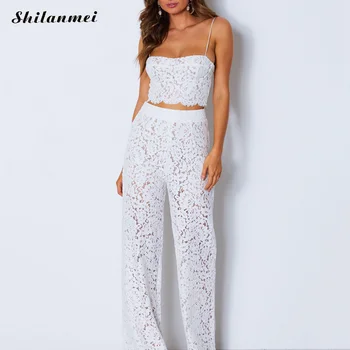 

2019 Summer Spaghetti Strap Tank Top And Pants Set Suits Lace Hollow Sexy Women Two Piece Set Club Party Casual Set