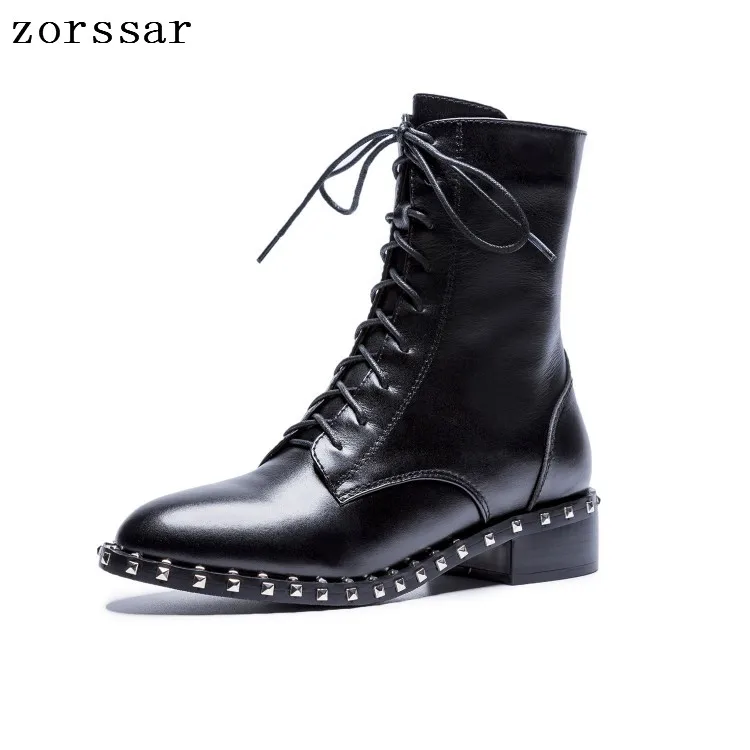 

{Zorssar} Women winter shoes Ankle Motorcycle Boots Genuine Leather Lace up Square low heel Short Boots Women Booties shoes