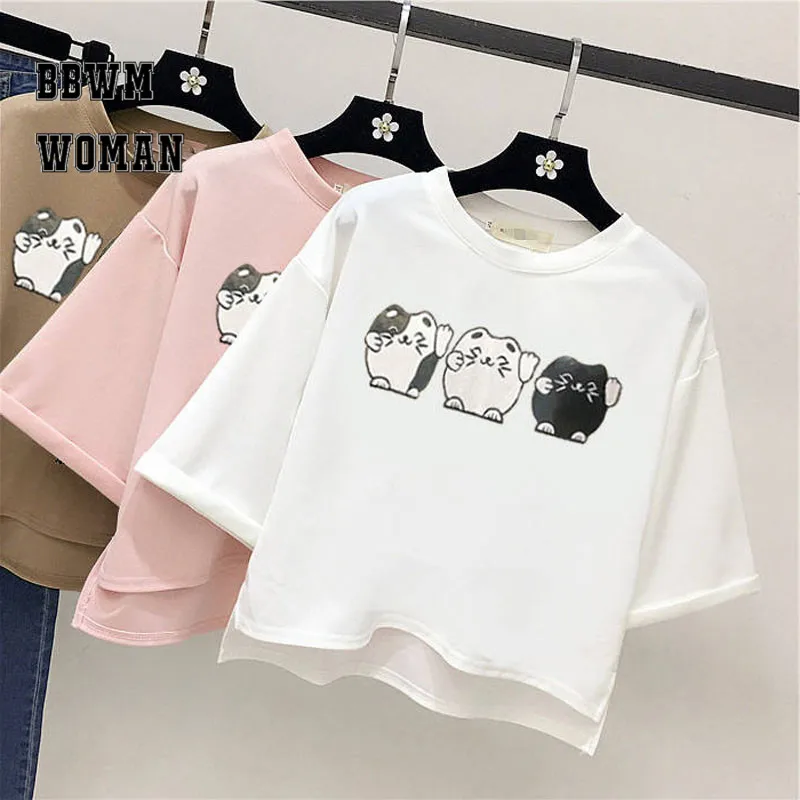 Lucky Cat Kawaii мультфильм для женщин футболка белый розовый хаки короткий рукав Повседневная Женская ZO1783