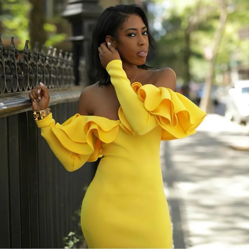 

2018 Ruffles Sleeve Slash Neck Full Sleeve Vintage Sexy Bandage Bodycon Dress Women Ladies Casual Mini Dresses Vestidos AM242