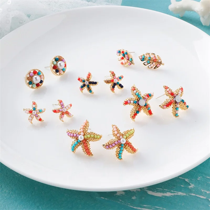 

Korea Color Pearl Starfish Small Stud Earrings S925 Silver Needle Fresh Forest Leaf Imitation Pearl Earrings Women's Jewelry 3#
