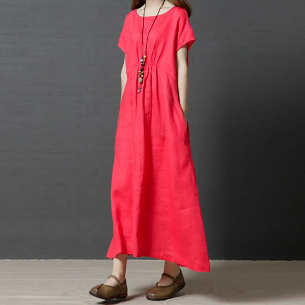

Feitong Women Summer Pure Color Short Sleeve Pleated Cotton And Linen Long Section Dress Dress Femme vestidos verano New