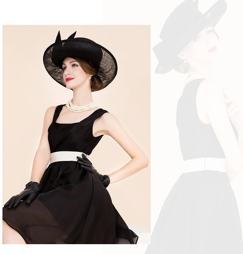 New British Elegance Flax Hat Lady Wide Brim Ebony Curling Linen Black Hat Female Bowtie Church Hat Make Up Party Wear  B-8173