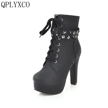 

QPLYXCO 2017 Big Size 30-50 Russian Shoes Martin Boot Women With Zipper High Heels Shoes Woman Fashion Lace Up Ankle Boots s-3