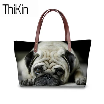 

THIKIN 2018 Women Handbags PU Leather Big Tote Bag for Female Fashion Shoulder Shopping Bags 3D Pug Dog Casual Ladies Handbag