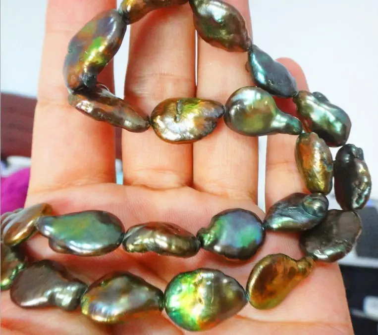 

DD Wholesale FREE SHIPPING MASSIVE 18"20X13MM SOUTH SEA BLACK PEACOCK GREEN PEARL NECKLACE 14KGP