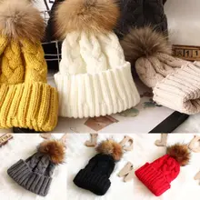 Для женщин; для мам и детей, теплые, зимние, вязаные шапка с помпоном из натурального меха Вязаные Лыжные Кепки