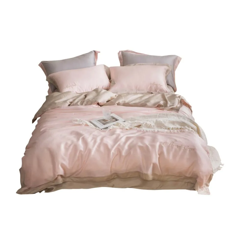 

2019 Light Pink Scandinavian Artificial Silk Bedlinens Embroidery Bedding Set Queen King Size Duvet Cover Set Pillowcases
