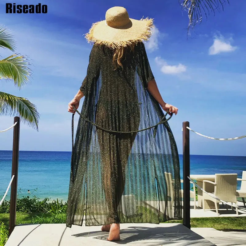 Günstige Riseado Neue 2019 Bademode Cover Up Bikinis Sexy Mesh Lange Strand Kleid Bademode Frauen Halbe Hülse Badeanzug Badeanzüge