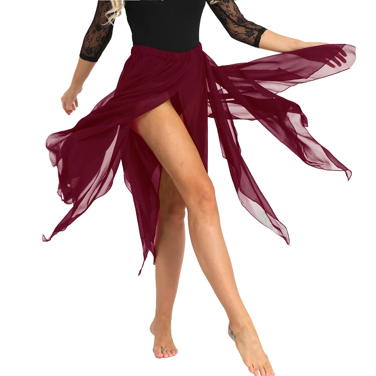 IIXPIN Женская Асимметричная юбка для танца живота, 13 панелей, шифоновая юбка с разрезом по бокам, для взрослых, для выступлений, танцевальный костюм юбка, костюмы для танца живота - Цвет: Wine Red