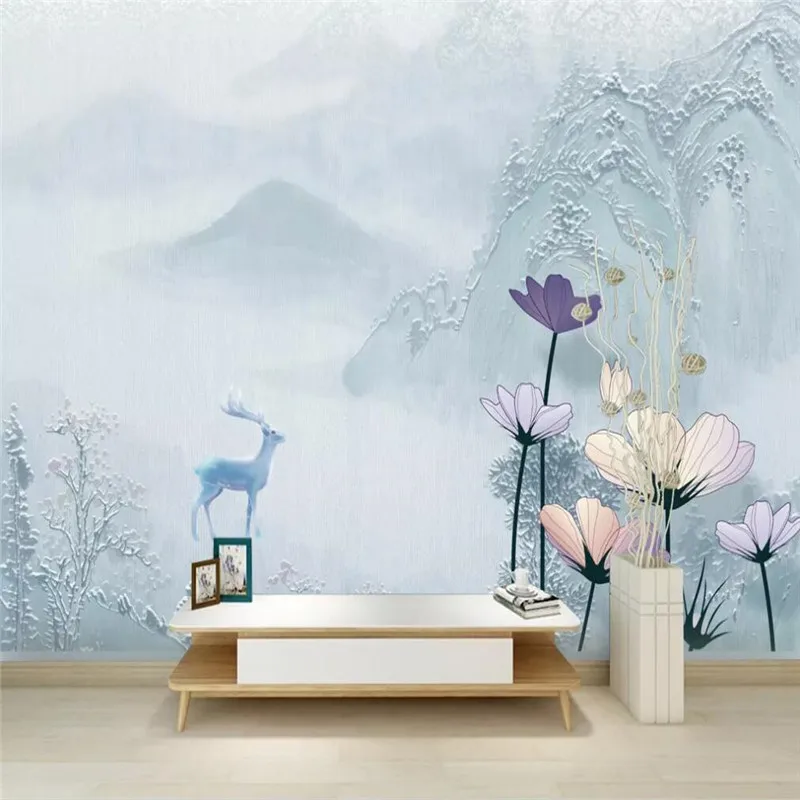 Custom wallpaper new Chinese style simple and elegant elk embossed background wall decoration waterproof material Custom wallpaper new Chinese style simple and elegant elk embossed background wall decoration waterproof material
