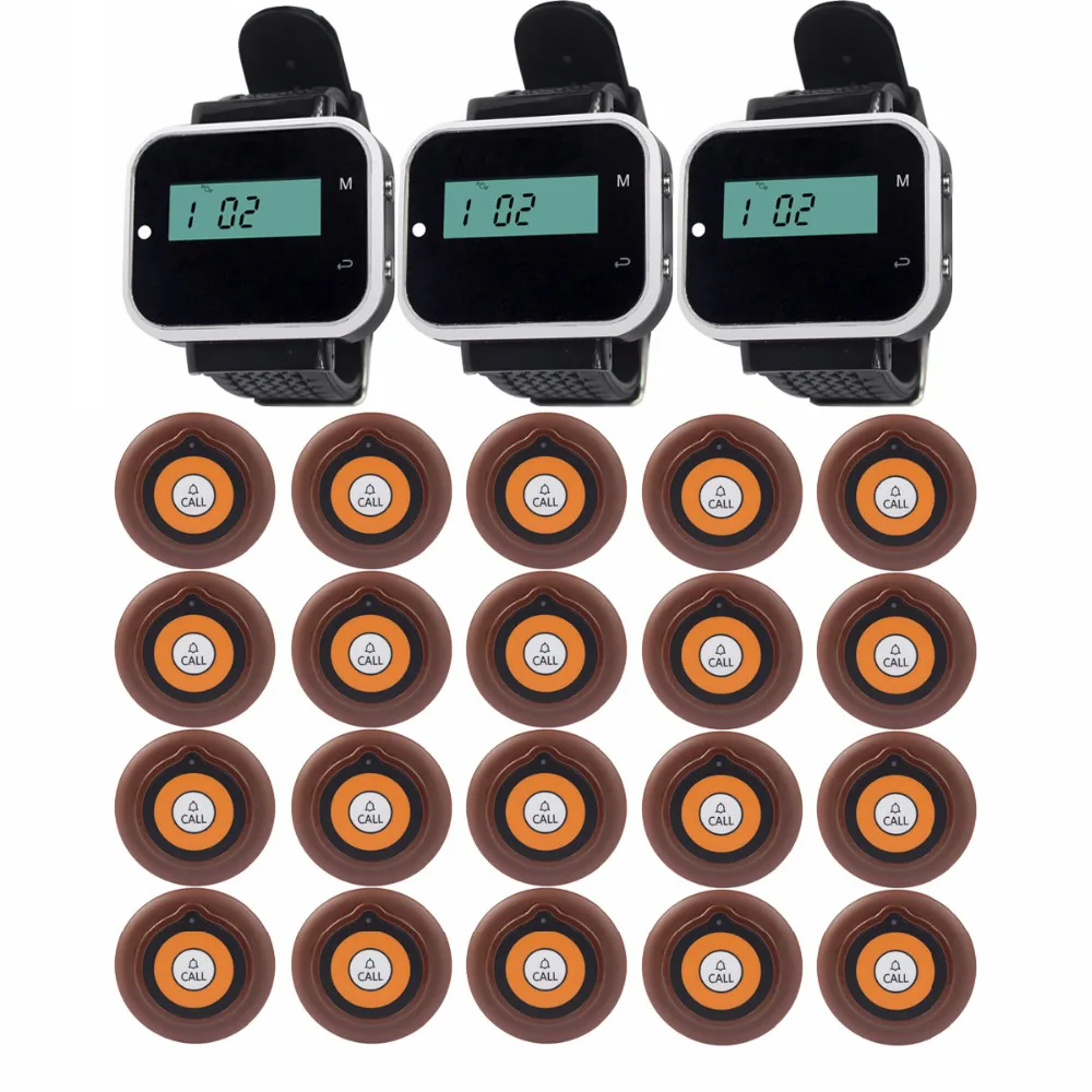 

3pcs Watch Receiver + 20pcs Call Button Pager Wireless Calling System Restaurant Equipments Waiter Calling System F3229