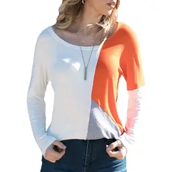 Женская футболка в стиле пэчворк с круглым вырезом и длинными рукавами; женские топы; большие размеры; Повседневная хлопковая рубашка;