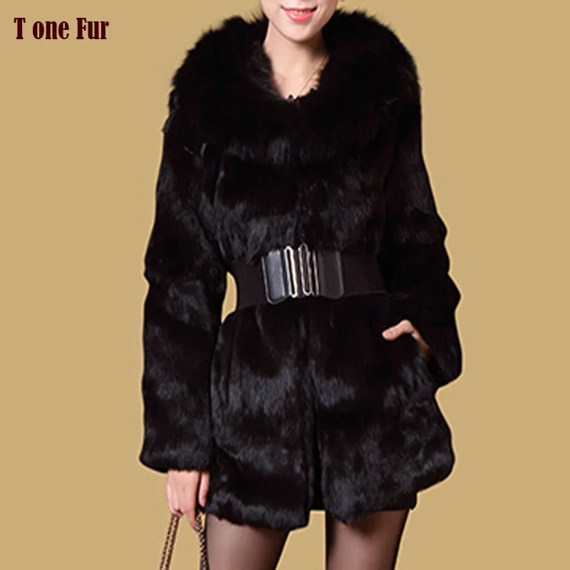 

2019 New Arrival Fashion 100% Real Full Pelt Rabbit Fur Coat with luxury Fox Fur Collar Women Coat KFP653