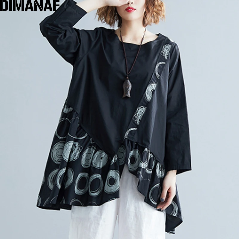 

DIMANAF Plus Size Women Blouse Shirts Big Size Summer Lady Tops Loose Vintage Print Spliced Ruffles Female Clothes Long Sleeve