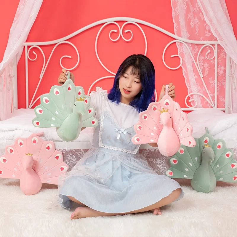 

ins hot selling pink and green princess peacock plush toys with golden crown and hanger for home decoration