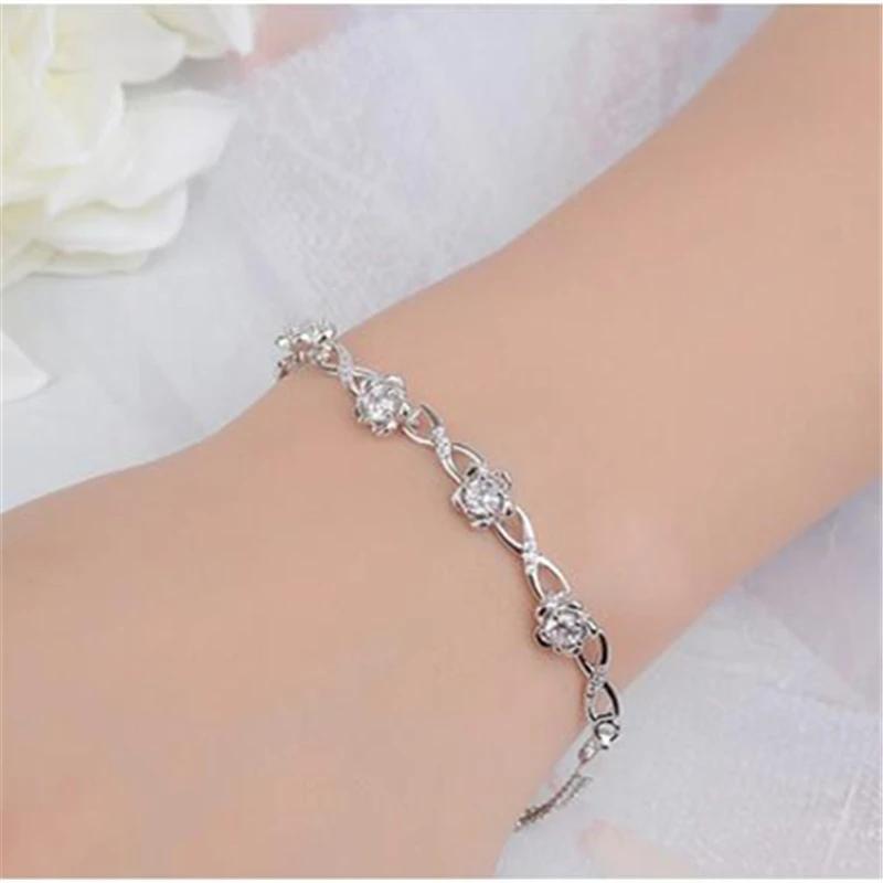 

Drop Shipping Rose Flower Zircon 925 Sterling Silver Fashion Bracelets Women Prevent allergy Jewelry High Quality Gift For Girl