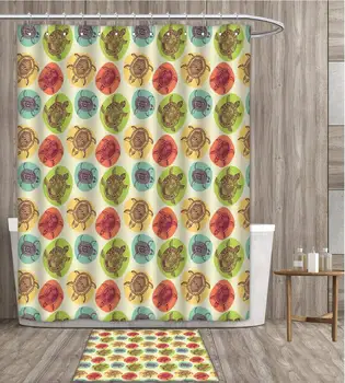 

Turtle shower curtain Aquatic Tortoise Animals Artistic Figures with Ethnic Patterns on Pastel Color Blots gift bath rug