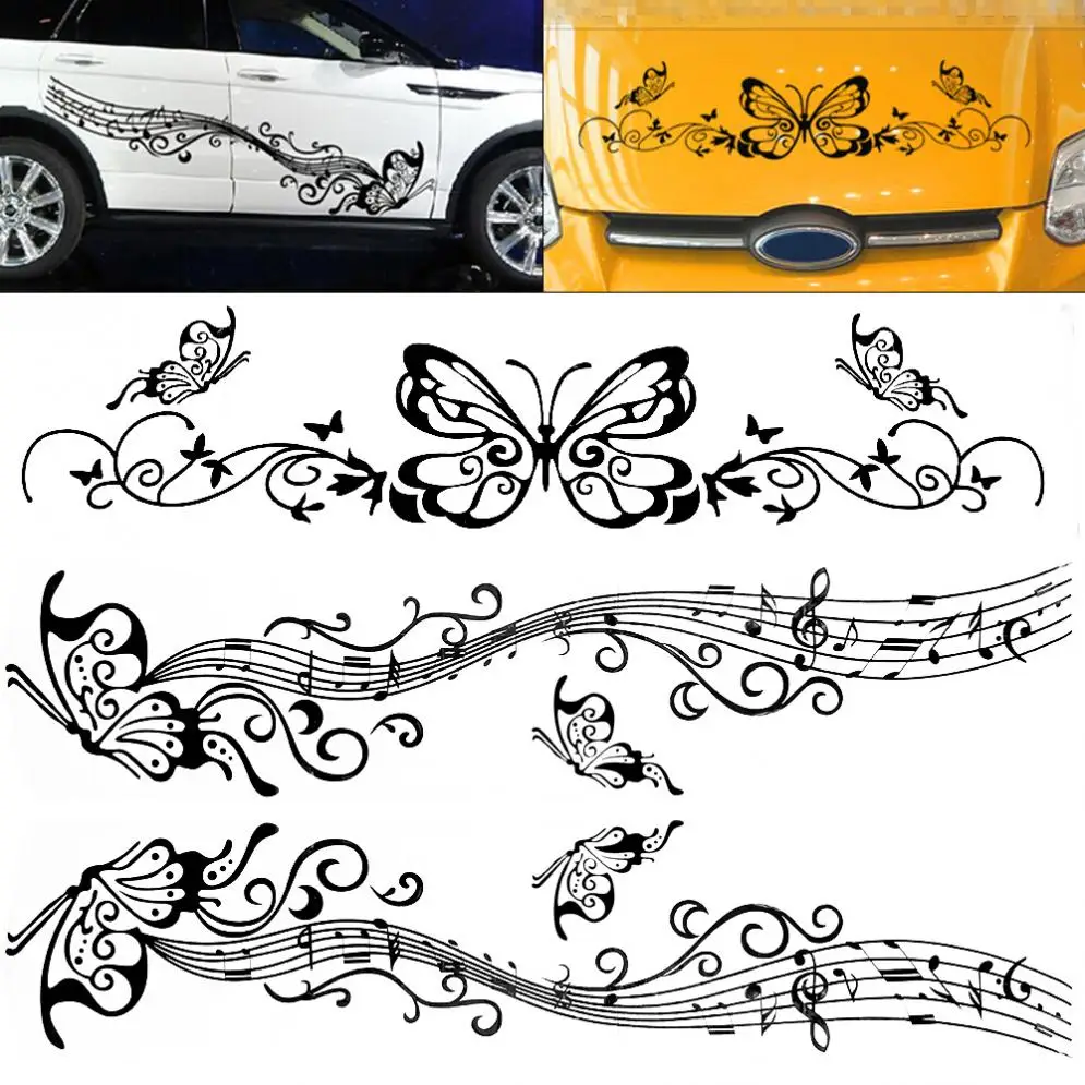 

180CM Universal PVC Black Butterfly Musical Notation Totem Personality Car Racing Waist Line Mudguard Body Side Body Sticker