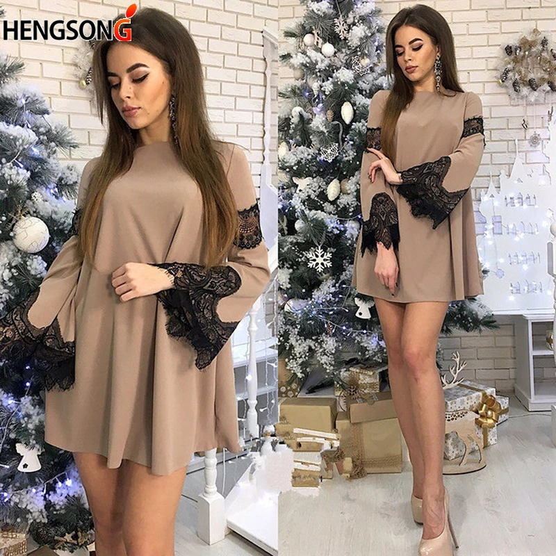 Сексуальное Кружевное лоскутное мини платье повседневные свободные осенние