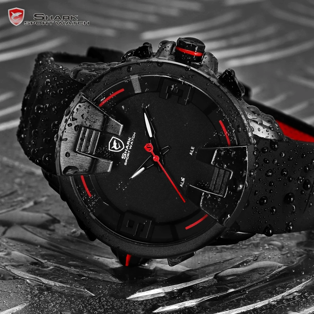 Wobbegong Top Brand SHARK Sport Black Watch New Design Digital LED Analog Men's Quartz Silicon Band Geek Men Clock Watch / SH557