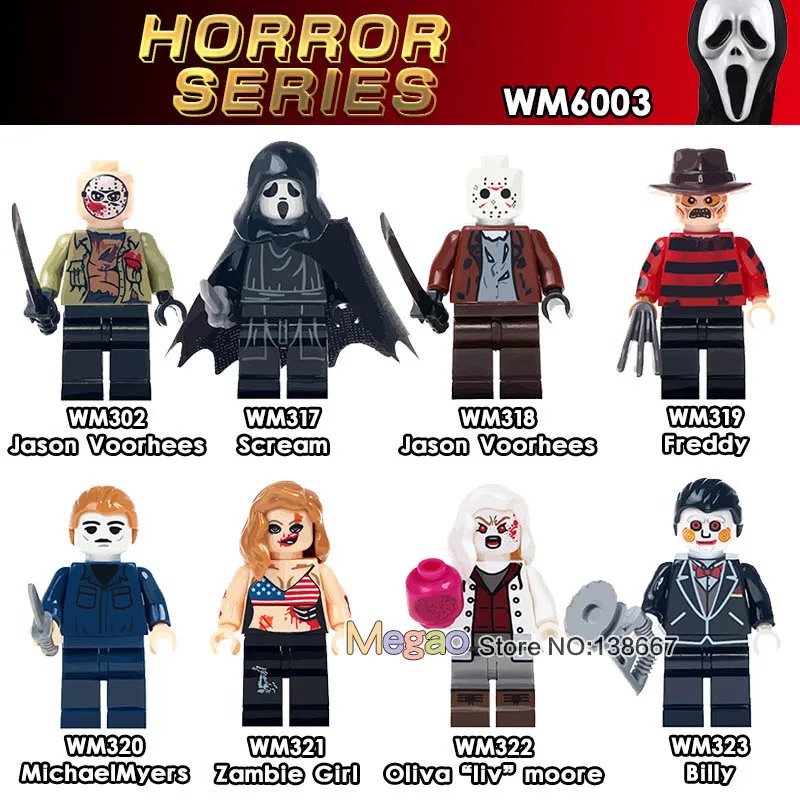 

8pcs/lot Legoing The Horror Movie Terror Personnage Jason Scream Killer Freddy Krueger Building Blocks Toys For Children WM6003