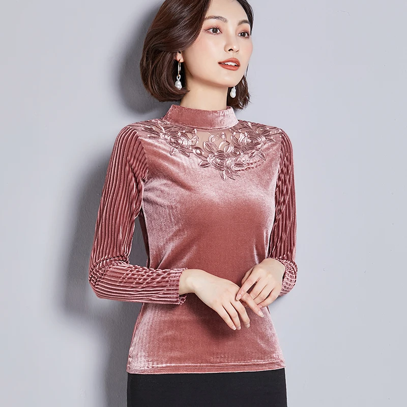  Womens Tops and Blouses Elegant Embroidery Lace Patchwork Velour Blouse Women Shirts Long Sleeve Bl