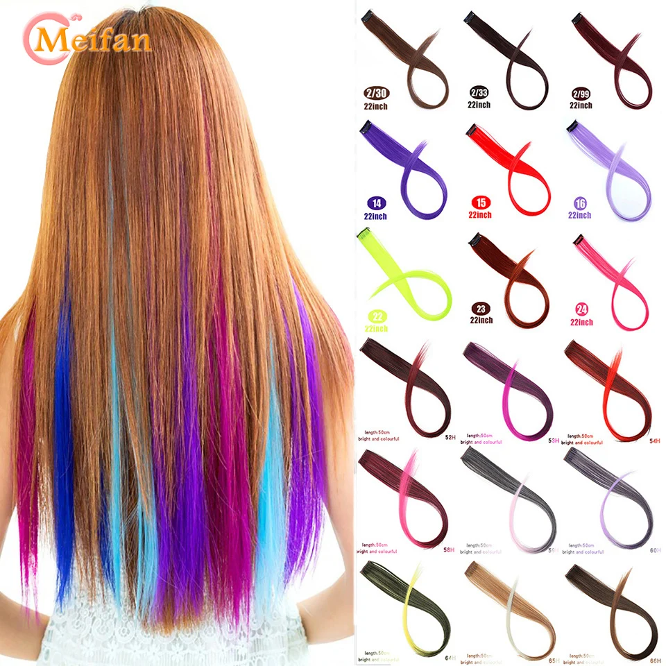Длинные прямые накладные волосы MEIFAN на заколках цвета радуги, синтетические накладные волосы фиолетового и голубого цвета