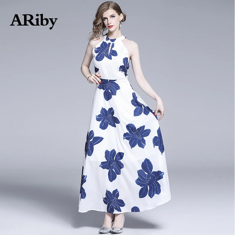 

ARiby Women Summer Long Slim Maxi Dress 2019 New Fashion Beach Style Elegant Floral Printed Empire Sleeveless Halter Long Dress